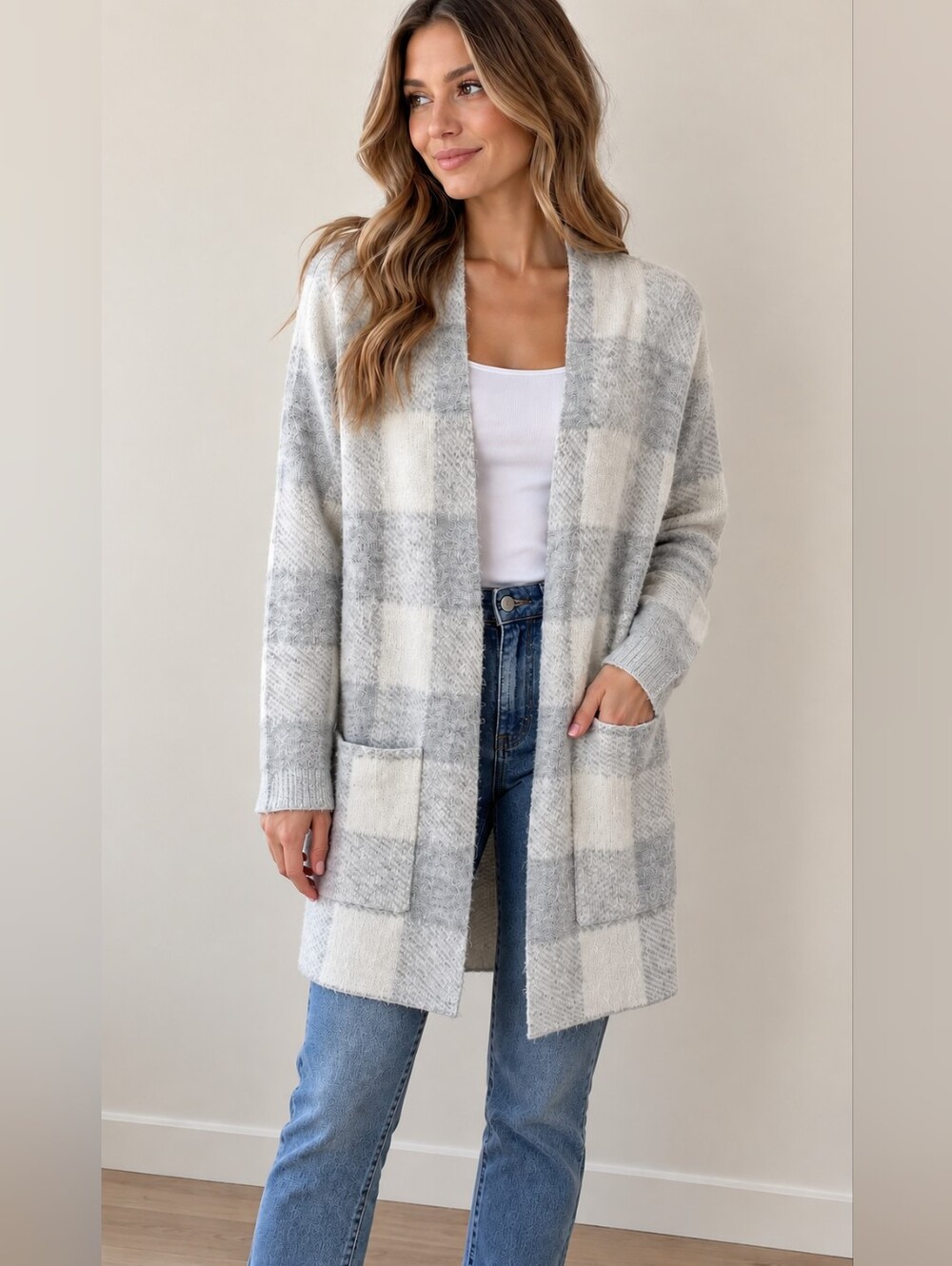 RW&CO. Grey and White Plaid Open Cardigan